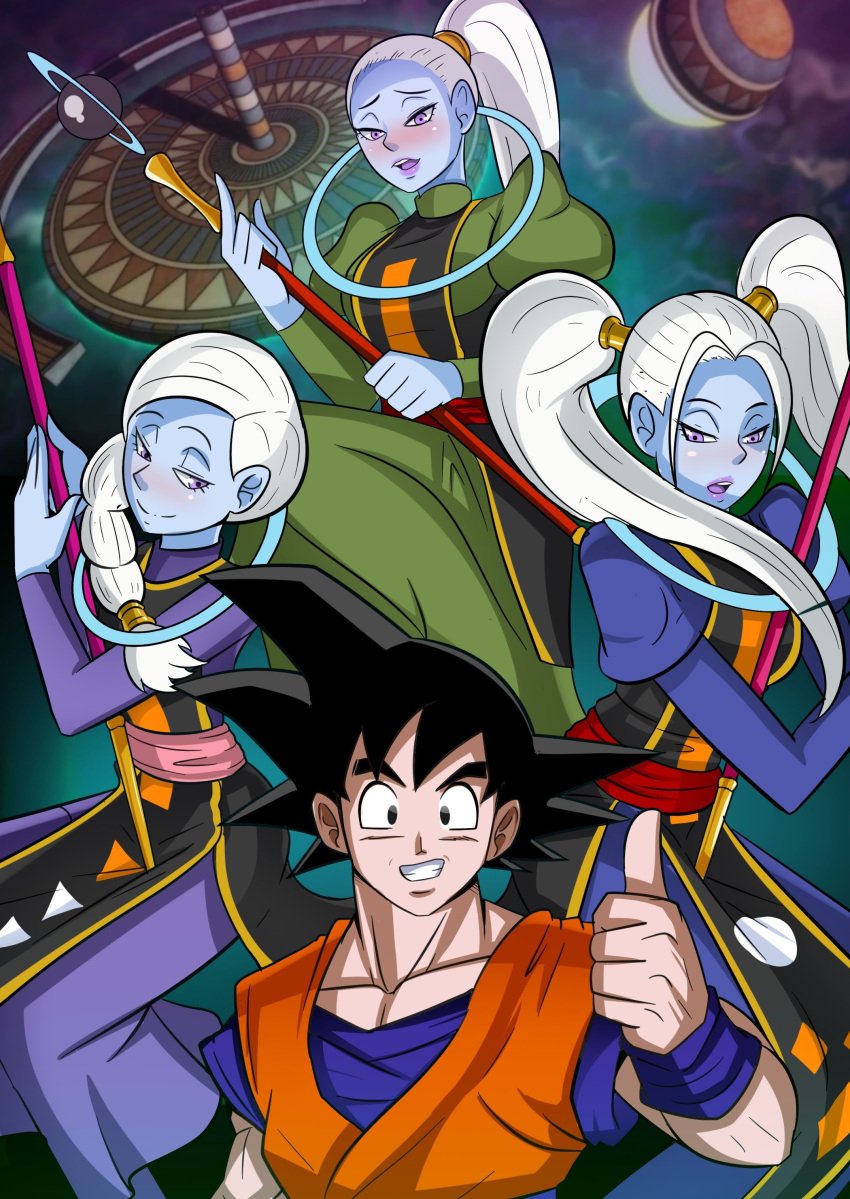 1boy 3girls accelart angel_(dragon_ball) black_hair blue_skin blush braided_ponytail comic cus dragon_ball dragon_ball_super female goku looking_at_viewer male marcarita multiple_girls open_mouth ponytail purple_eyes purple_lips smile son_goku twintails universe_6/universe_7 vados vercomicsporno white_hair