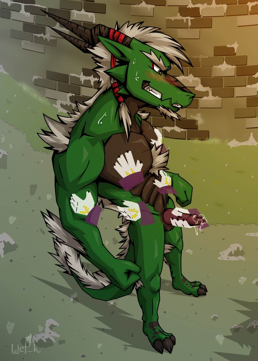 absurd_res anthro blush bodily_fluids disembodied_hand dragon duo efren_thunders erection genital_fluids ghost_hands green_body green_scales hair hand_on_chest hands_on_hips hi_res horn human lief_kishibe male male/male mammal masturbation muscle_worship muscular pecs pecsgrab perspective precum scales scalie silver_hair smile smirking_at_another solo sweat sweatdrop western_dragon