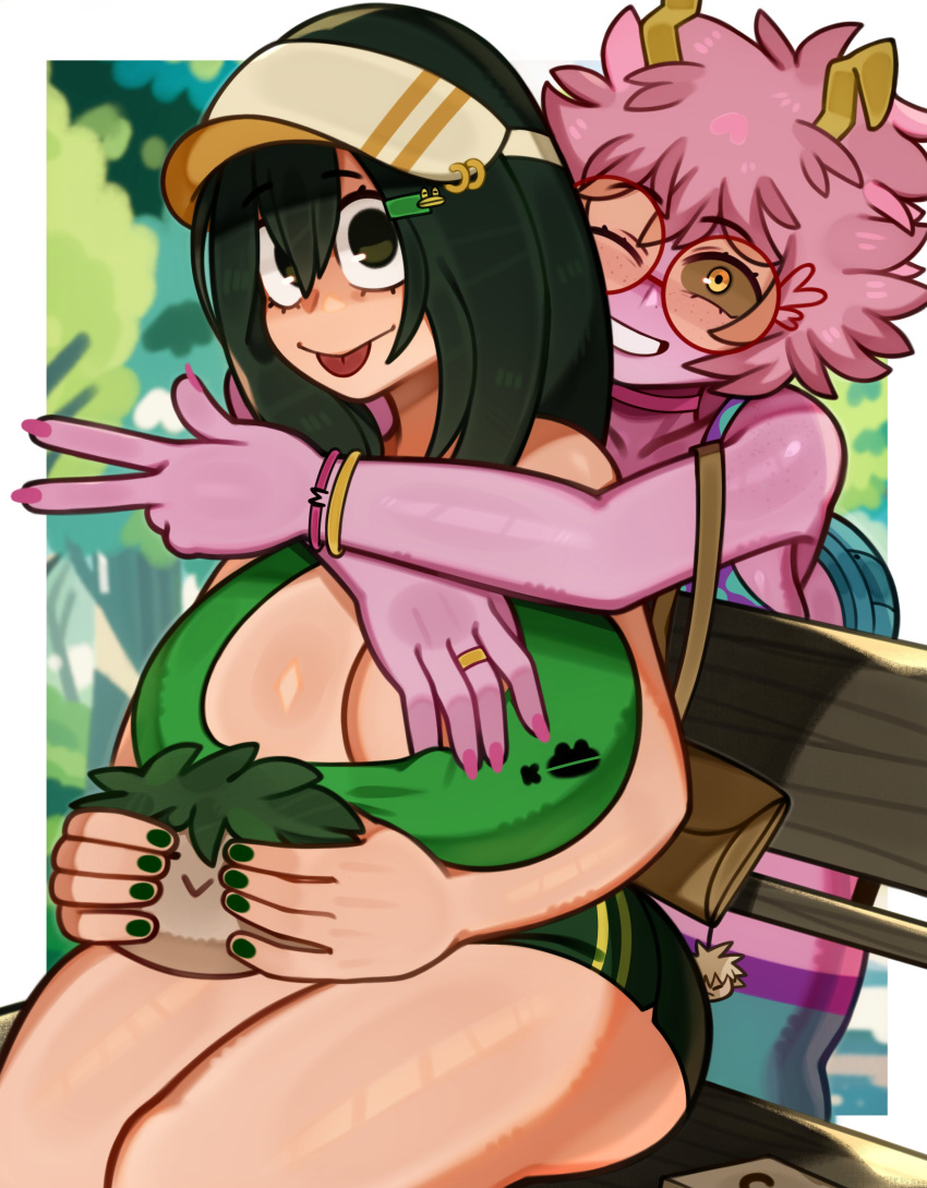 2girls ass big_breasts big_cleavage cap cleavage female female_only green_eyes huge_breasts large_breasts long_hair looking_at_viewer melonpuff mina_ashido my_hero_academia peace_sign pink_body pink_hair pink_skin sunglasses thick_thighs thighs tongue tongue_out tsuyu_asui visor_cap wide_hips yellow_eyes