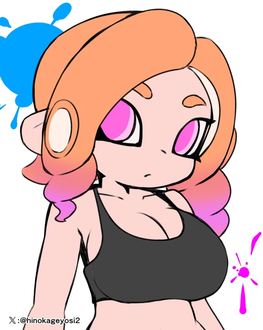 1girls adorable artist_signature bare_shoulders big_breasts big_eyes bra breasts chibi_style cleavage cute ear head_tilt hi_res light-skinned_female light_skin looking_at_viewer makino_nono midriff multicolored_hair nintendo octoling octoling_girl oni_wasabi_(makino_nono) orange_hair original_character pink_eyes pink_hair simple_background solo splatoon splatoon_(series) splatoon_3 sports_bra upscaled white_background