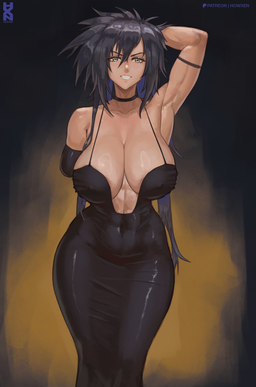 1girls abs amputee big_breasts black_hair bleach breasts choker cleavage cleavage_cutout curvy dress fit fit_female green_eyes howxen kukaku_shiba large_breasts long_hair looking_at_viewer mature_female muscular party_dress revealing_clothes revealing_dress solo solo_female solo_focus spiky_hair tattoo wide_hips