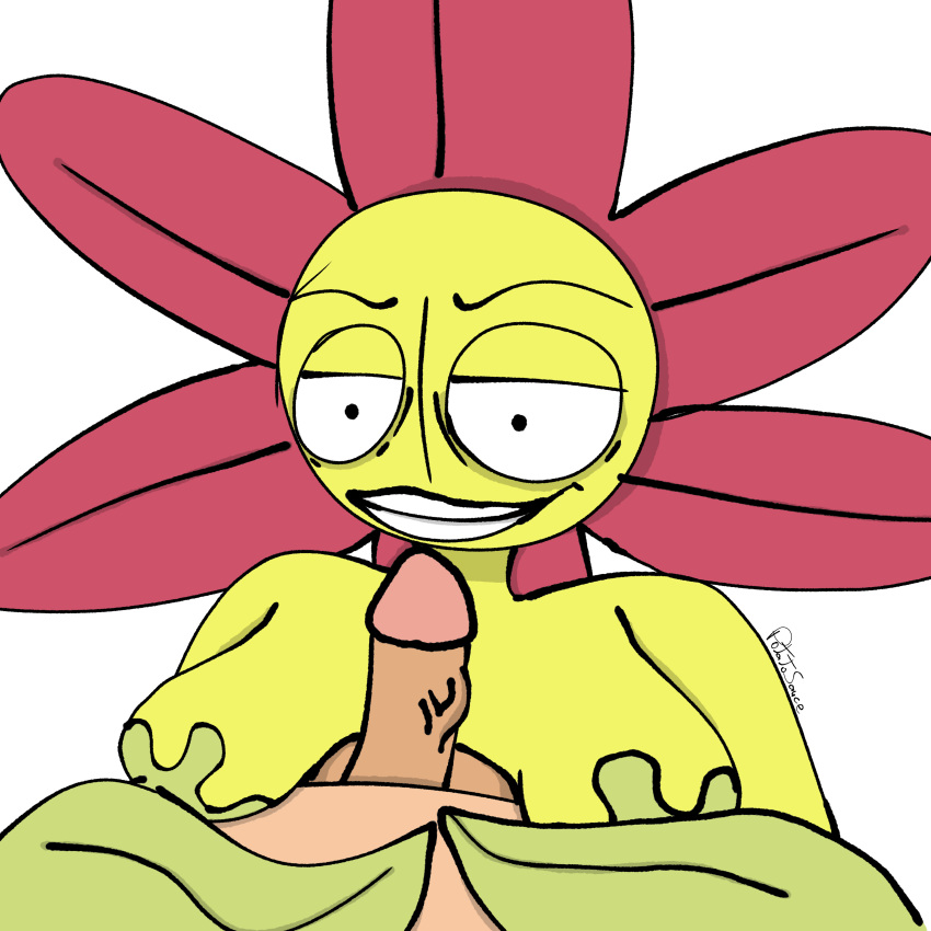 1boy anthro breasts completely_nude completely_nude_female completely_nude_male female flower hands_on_belly imminent_blowjob imminent_oral imminent_titjob leaf_hands lying not_even_dust_like_wtf paizuri petals red_flower red_flower_(character) suggestive_look titfuck titjob yellow_skin