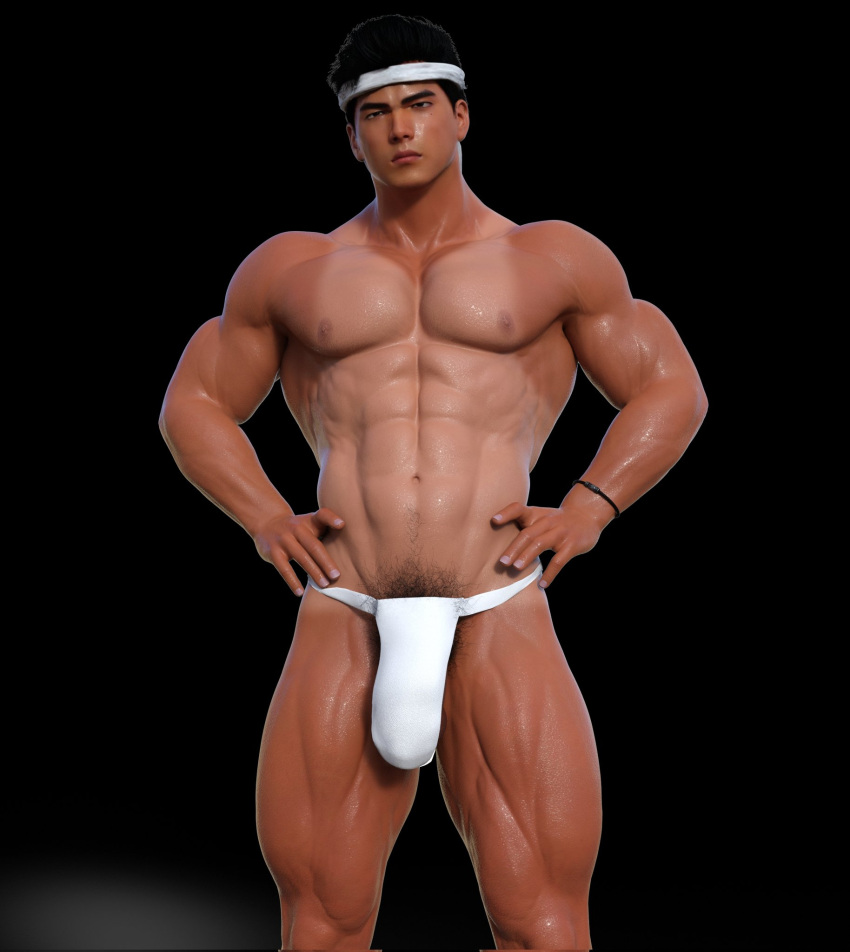 1boy 1human 1male 3d 3d_(artwork) 3d_model abs asian bara bara_tiddies bara_tits black_background black_hair brown_eyes fundoshi fundoshi_only hands_on_hips horny horny_male hung light-skinned_male light_skin male male_focus male_only manly masculine muscles muscular muscular_male naked naked_male nude nude_male oc original original_character pecs pubic_hair qzla4 solo solo_focus solo_male white_headband