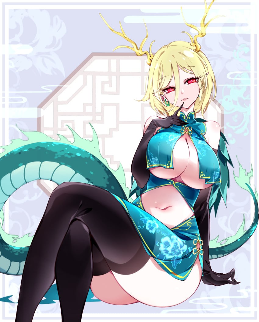 1girls absurdres alternate_costume ass belly_button black_gloves black_thighhighs blonde_hair breast_curtains breasts chinese_clothes cleavage dragon dragon_horns dragon_tail earrings elbow_gloves exposed_belly feet_out_of_frame female gloves horns huge_breasts jewelry kicchou_yachie lattice looking_at_viewer navel open_mouth pointy_ears raptor7 red_eyes short_hair solo tail thick_thighs thighhighs touhou turtle_shell underboob yellow_horns