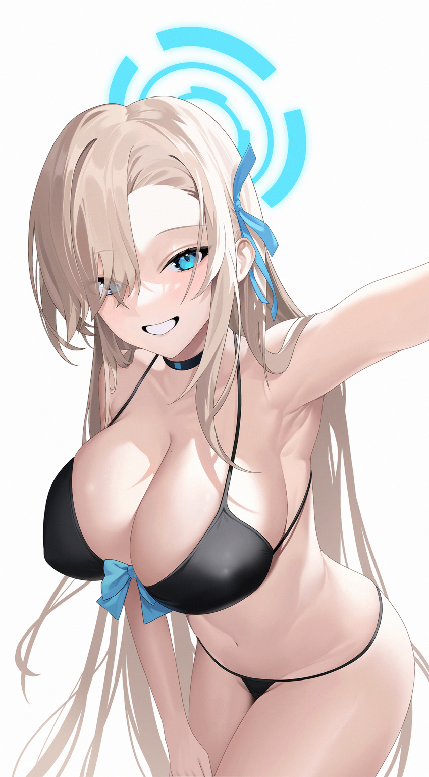 1girl 1girls 2023 alternate_costume alternate_version_available armpits asuna_(blue_archive) asymmetrical_bangs bikini black_bikini black_choker blue_archive breasts choker cleaning_&_clearing_(blue_archive) cleavage collarbone female hair_over_one_eye halo highres large_breasts light_brown_hair long_hair looking_at_viewer millennium_science_school_student navel shibasoda sideboob simple_background solo stomach string_bikini swimsuit very_long_hair white_background