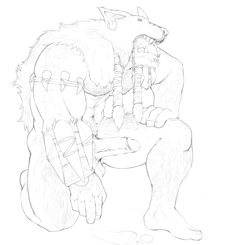 balls bara body_hair boner durotan erection islate_(artist) male male_only monochrome muscles muscular on_one_knee orc penis solo solo_male world_of_warcraft