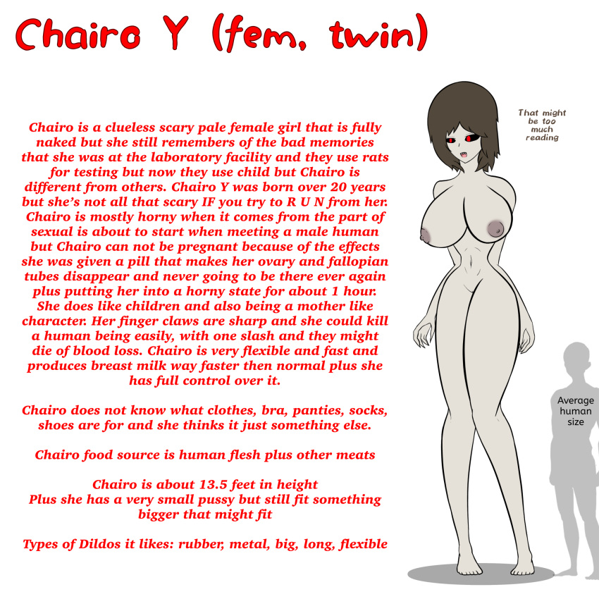 big_breasts brown_hair chairo_y_(dramaric_joe) chario_y empty_eyes english_text height_difference human hunter_of_the_red nipples nude_female original_character pale-skinned_female pussy red_eyes text wall_of_text white_background