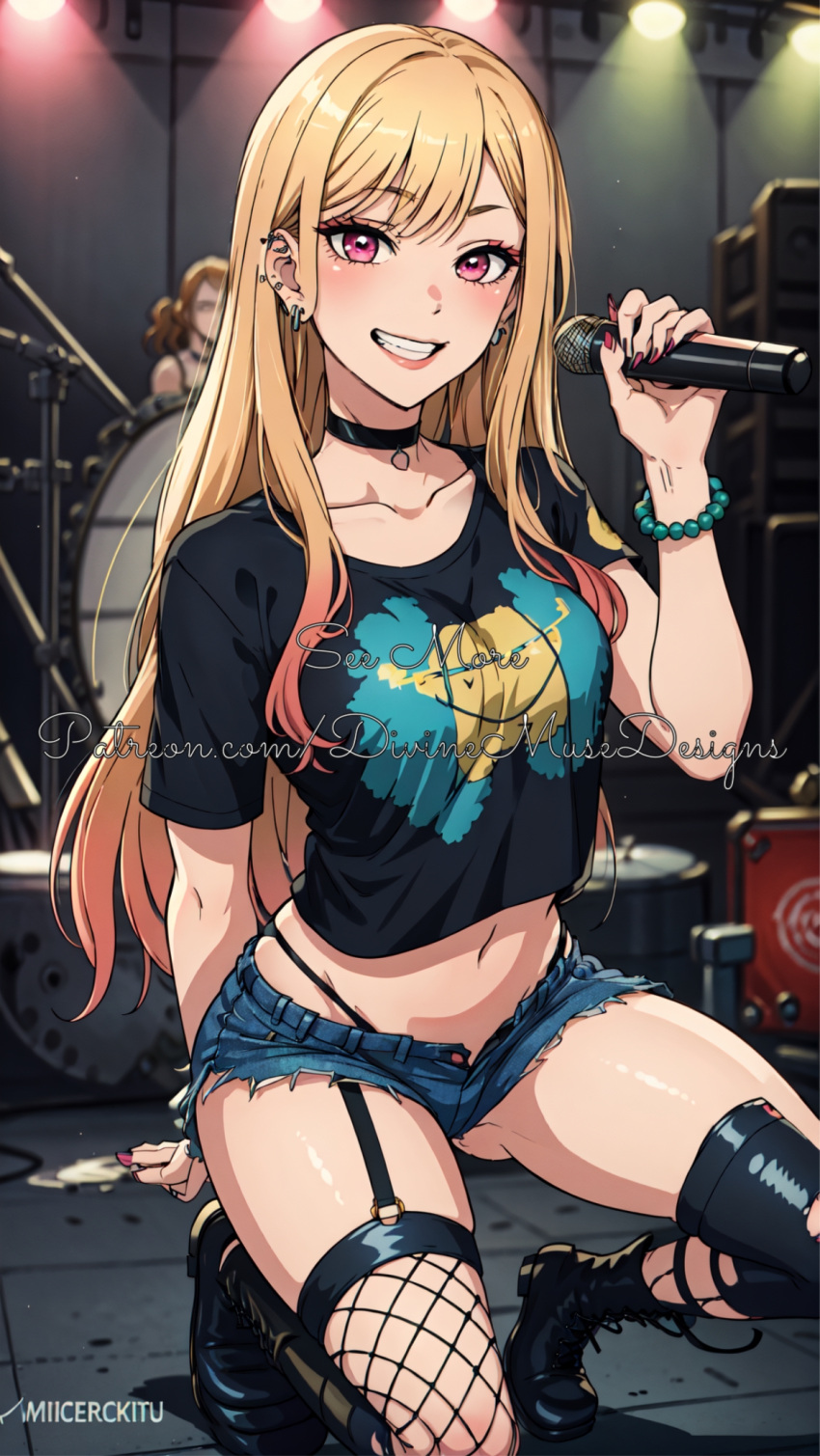 ai_generated black_socks boots colored crop_top cutoff_jeans cutoff_shorts cutoffs divine_muse_designs female female_only fishnet_socks fishnet_thighhighs fishnets highres jean_shorts kitagawa_marin patreon short_shorts shorts socks socks_and_boots sono_bisque_doll_wa_koi_wo_suru stable_diffusion thigh_socks thighhighs watermark