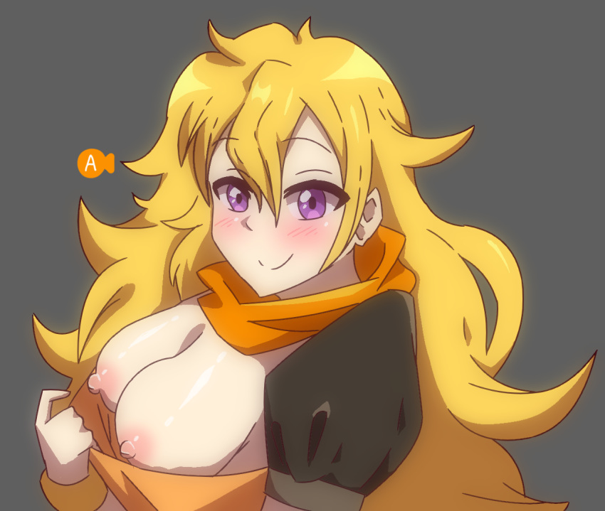 1girls areolae big_breasts blonde blonde_hair blush breasts exposed_breasts exposing exposing_chest female female_focus female_only flashing gauntlet grey_background happy hsifeca large_breasts long_hair looking_at_viewer medium_breasts mostly_clothed mostly_clothed_female nipples no_bra partially_nude purple_eyes rooster_teeth rwby scarf smile smiling smiling_at_viewer solo solo_female solo_focus topless topless_female wholesome yang_xiao_long