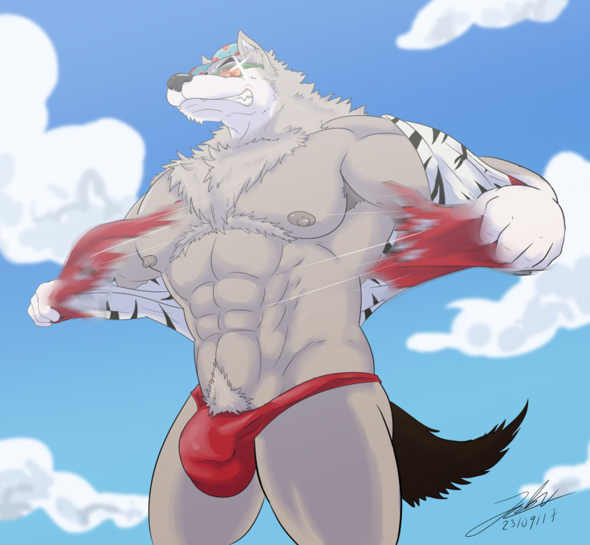 abs anthro areola barazoku bulge canine clothed clothing eyewear fangs fur glasses gums hat headgear male male_only mammal manly mascot miguel_okami mostly_nude navel nipples old_spice outside pecs pubes ripping sharp_teeth shirt smile solo speedo standing swimsuit teeth thick_thighs torn_clothing wolf wolfthorn_(old_spice)