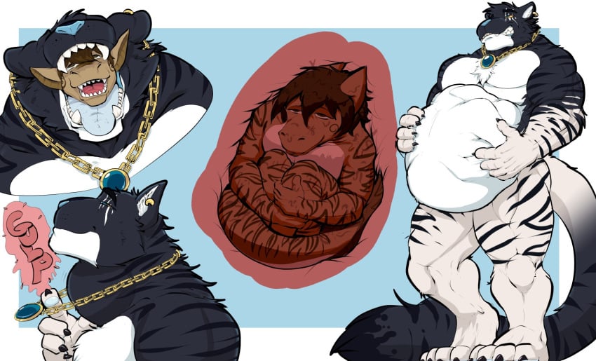 anthro body_outline brown_body claws colored duo ear_piercing feet felid fish fur gulp_(sound_effect) hair hand_on_belly hi_res inside_stomach internal jewelry male male/male mammal marine mouth_shot muscular_pred necklace necklace_only nude open_mouth oral_vore pandottermon pantherine piercing shark standing stomach_bulge striped_body striped_fur stripes swallowing tail teeth text tiger tongue vore white_body white_fur