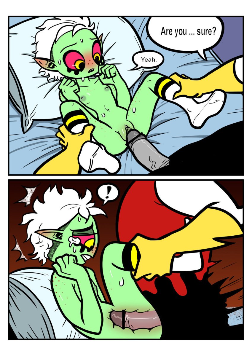 alien blush breasts clothing comic english_text female freckles green_skin hair humanoid lord_dominator lord_hater male nipples pussy red_eyes straight teeth text unknown_artist wander_over_yonder white_hair young