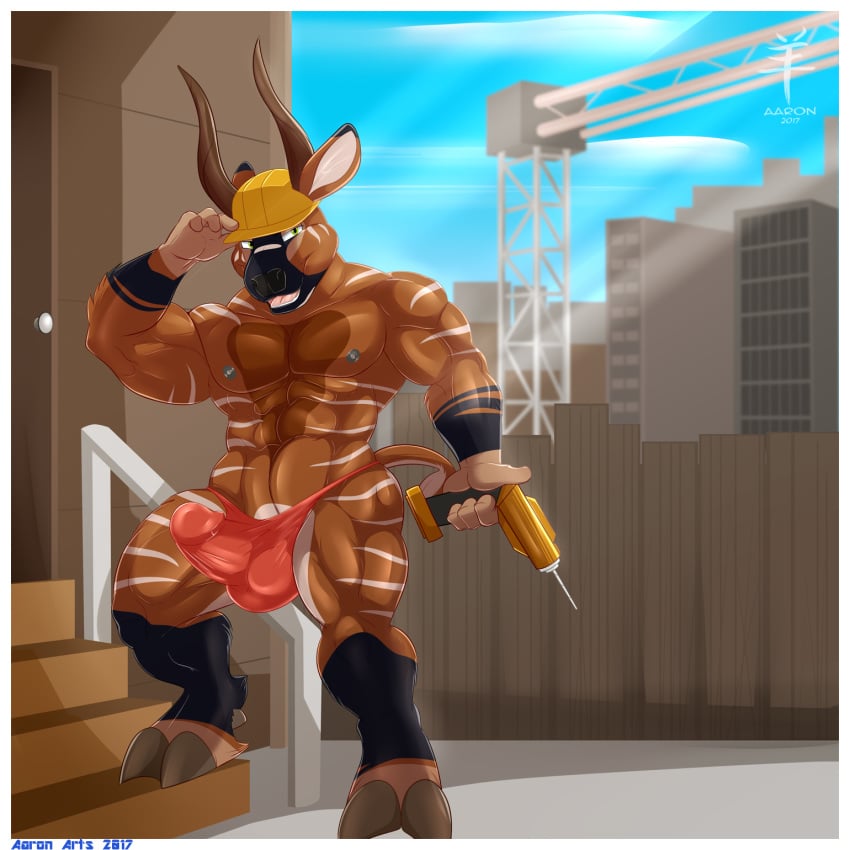 2017 4_fingers aaron_(artist) abs antelope anthro areola armor biceps big_muscles biped black_fur black_markings black_nose blue_sky bongo_(antelope) border brown_fur brown_horn brown_tail bulge cel_shading city clothed clothing cloud cloven_hooves construction construction_site day detailed_background drill ear_markings erection erection_under_clothes facial_markings fence front_view full-length_portrait fur gloves_(marking) green_eyes grey_hooves grey_nipples hard_hat helmet hi_res holding_hat holding_object hooves horn long_horn looking_aside looking_at_viewer male male_only mammal markings multicolored_fur multicolored_tail muscular muscular_male naughty_face nico_voeller nipples open_mouth open_smile outside pecs penis_outline pepsi_(fa) pink_tongue pinup portrait pose quads railing red_bottomwear red_clothing red_underwear signature skimpy sky smile solo spread_legs spreading stairs standing step_pose striped_fur stripes sunlight tan_fur teeth tenting thong tight_clothing tongue topless triceps underwear watermark white_border white_fur white_stripes white_tail work