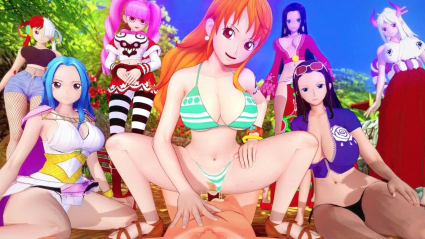 3d 7girls big_breasts bikini boa_hancock breasts cowgirl cowgirl_position curvy curvy_body curvy_female curvy_figure female harem koikatsu monkey_d_luffy multicolored_hair multiple_girls nami_(one_piece) nefertari_vivi nico_robin one_piece perona pubic_hair scar scar_on_chest screencap screenshot sex thick_thighs uta_(one_piece) yamato_(one_piece)