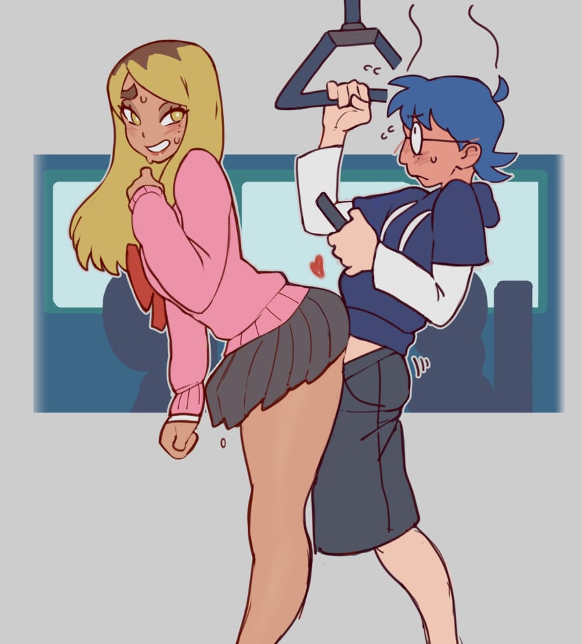 1boy 1girls 2d 2knsfw1 ambiguous_penetration blonde_female blonde_hair blue_hair blush bus college college_student female gyaru hidden_sex implied_sex male nerd public public_sex public_transportation sex sweat sweating tagme