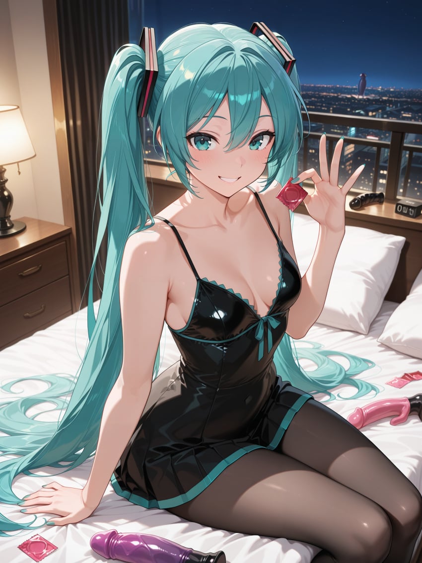 ai_generated bed condom dildo happy hatsune_miku sitting solo