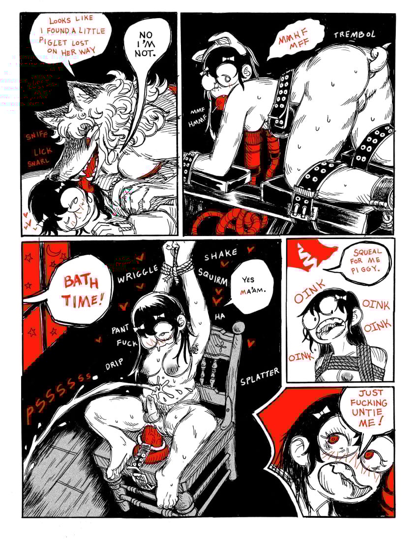 5_panel_comic accessory anal anal_sex anthro black_text blush bondage bonnie_guerra border bound bow_ribbon breasts buttplug canid canine canis comic crescent_moon dildo eyewear female futanari glasses gynomorph hair_accessory hair_ribbon hairbow hands_tied heart_symbol hi_res human intersex licking ma'am machine mammal milking_machine moan moon oinking peeing peeing_on_another penetration pig_costume plug_(sex_toy) red_eyes red_text red_tongue restraints restricted_palette ribbons rope rope_bondage rope_harness sex_toy silhouette snarling sniffing solo star text tongue trans_woman transfem wearing_glasses white_border wolf