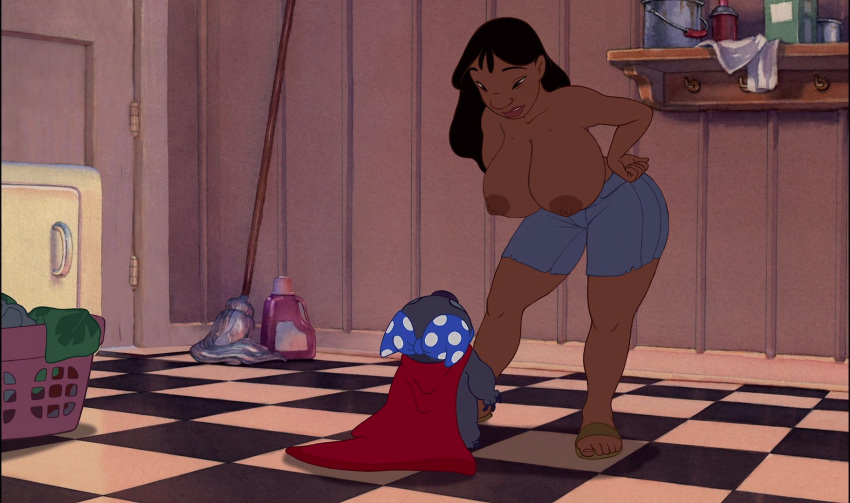 alien big_breasts black_hair breasts dark-skinned_female dark_skin disney edit female huge_breasts human legs lilo_and_stitch lipstick long_hair male nani_pelekai nipples poivoit screenshot screenshot_edit stitch teeth topless