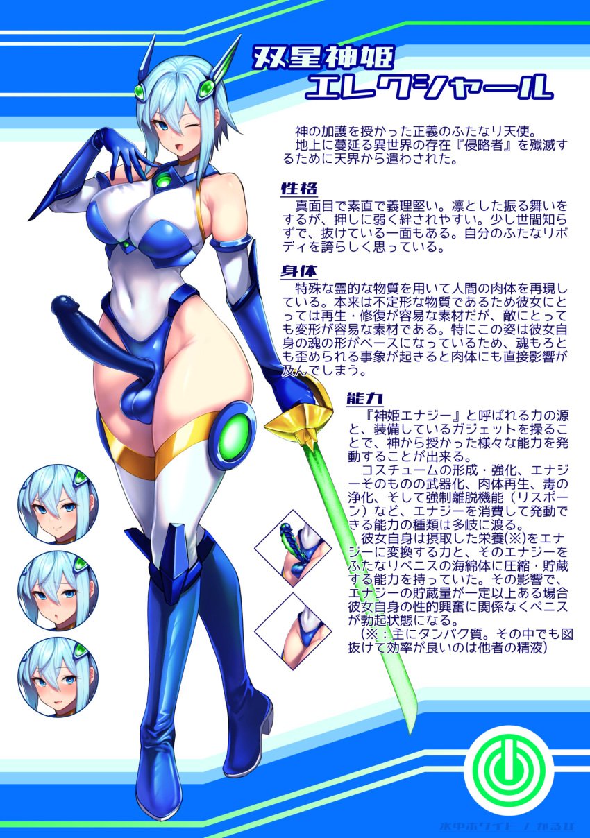 bare_shoulders blue_boots blue_eyes blue_hair boots breasts calpish commentary_request covered_penis covered_testicles female full-package_futanari full_body futanari headgear highres holding holding_sword holding_weapon large_breasts leotard multiple_expressions one_eye_closed original short_hair sword thighhighs translation_request weapon white_leotard white_thighhighs