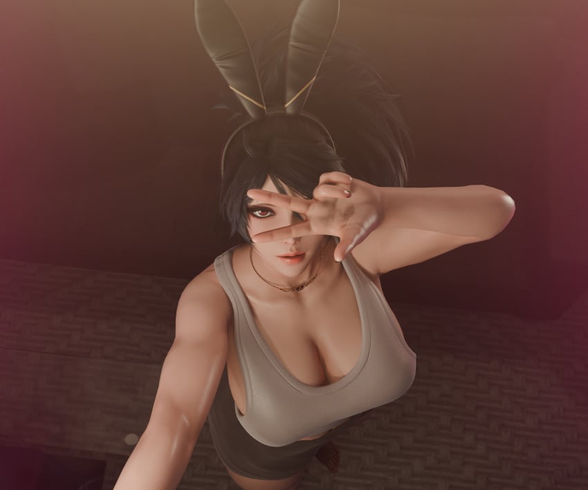 1girls 3d 4k akali big_breasts black_hair breasts bunny_ears covering_face league_of_legends light-skinned_female peace_sign red_eyes ryanreos selfie selfie_pose woudlwonker819