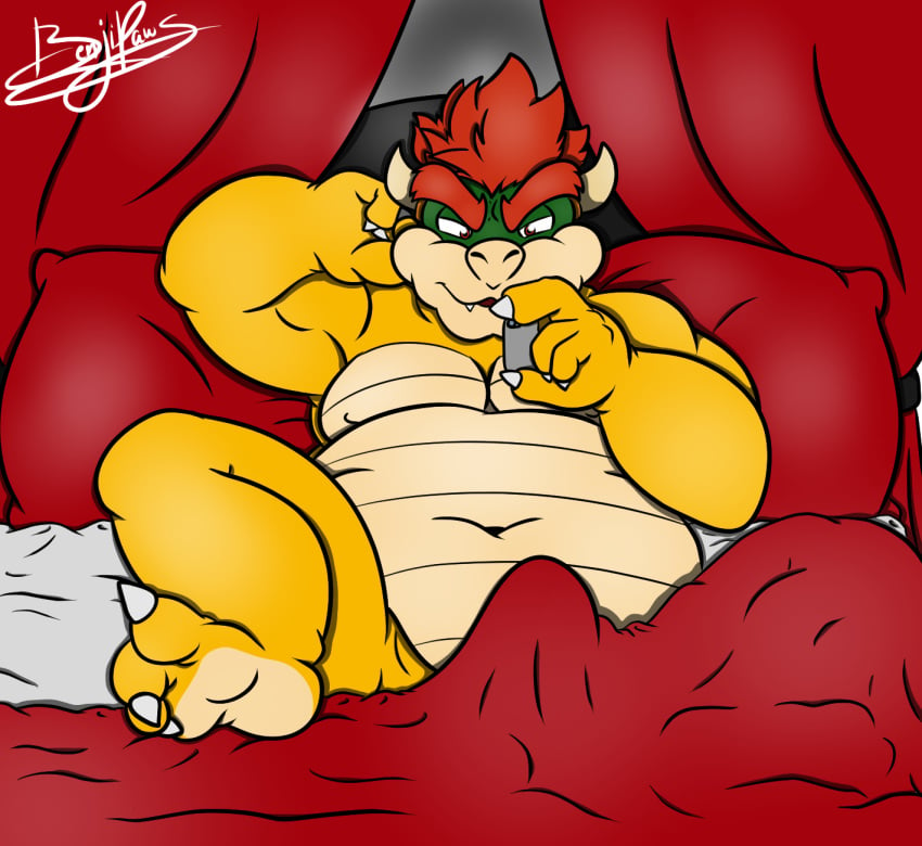 1boy 2017 3_toes bed bed_sheet bedding belly benjipaws big_belly bowser bulge convenient_censorship erection erection_under_blanket feet hair koopa lying male male_only mario_(series) nintendo on_back on_bed overweight phone pillow red_hair scalie signature solo toes video_games