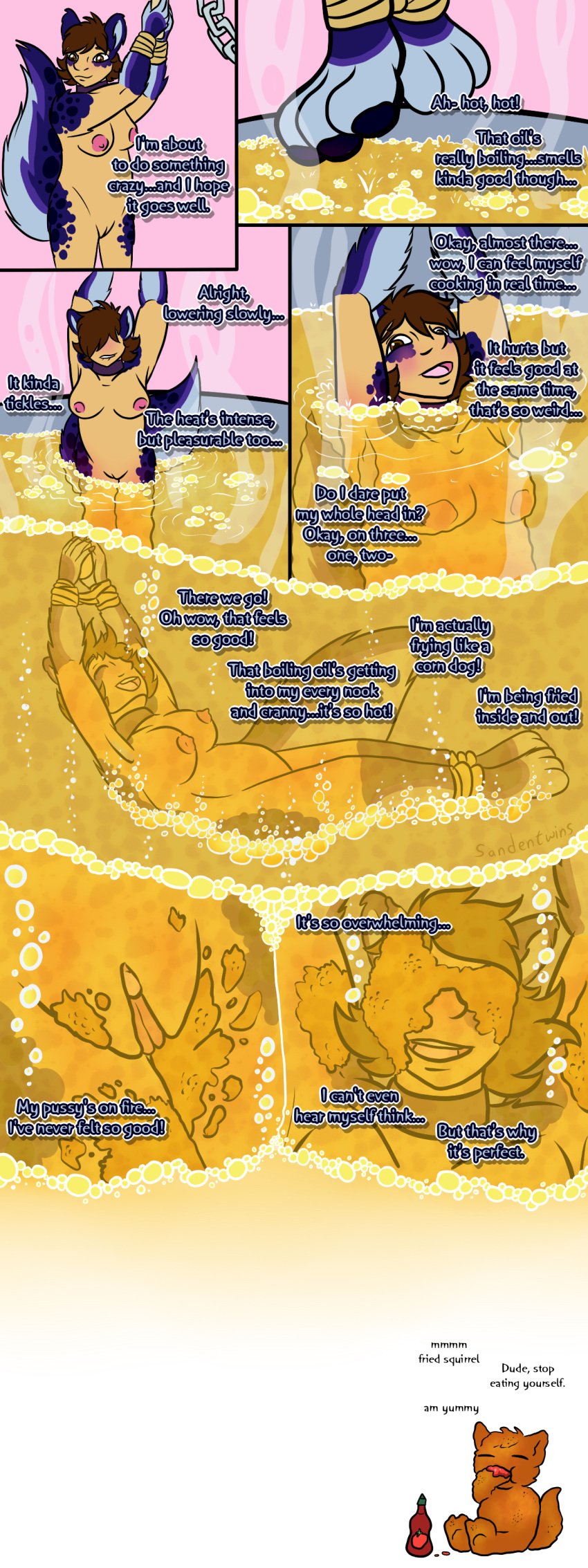 absurd_res animal_humanoid armpit_hair bite biting_lip blue_body blue_fur body_hair boiling bondage bound breasts brown_eyes brown_hair bubble chains clitoris collar comic cooking_with_furs deep_fryer encasement english_text feet_tied female food food_creature fried_food frying fur furry_arms furry_legs genitals hair hands_tied heat_(temperature) hi_res humanoid humor ketchup laurie_(star-twinkle) looking_pleasured mammal mammal_humanoid markings masochism nipples offscreen_character oil original_character partially_submerged paws pussy rodent rodent_humanoid sciurid sciurid_humanoid self-bondage self_taste smile solo spots spotted_markings star-twinkle steam temperature_play text trans_(lore) trans_man_(lore) tree_squirrel_humanoid