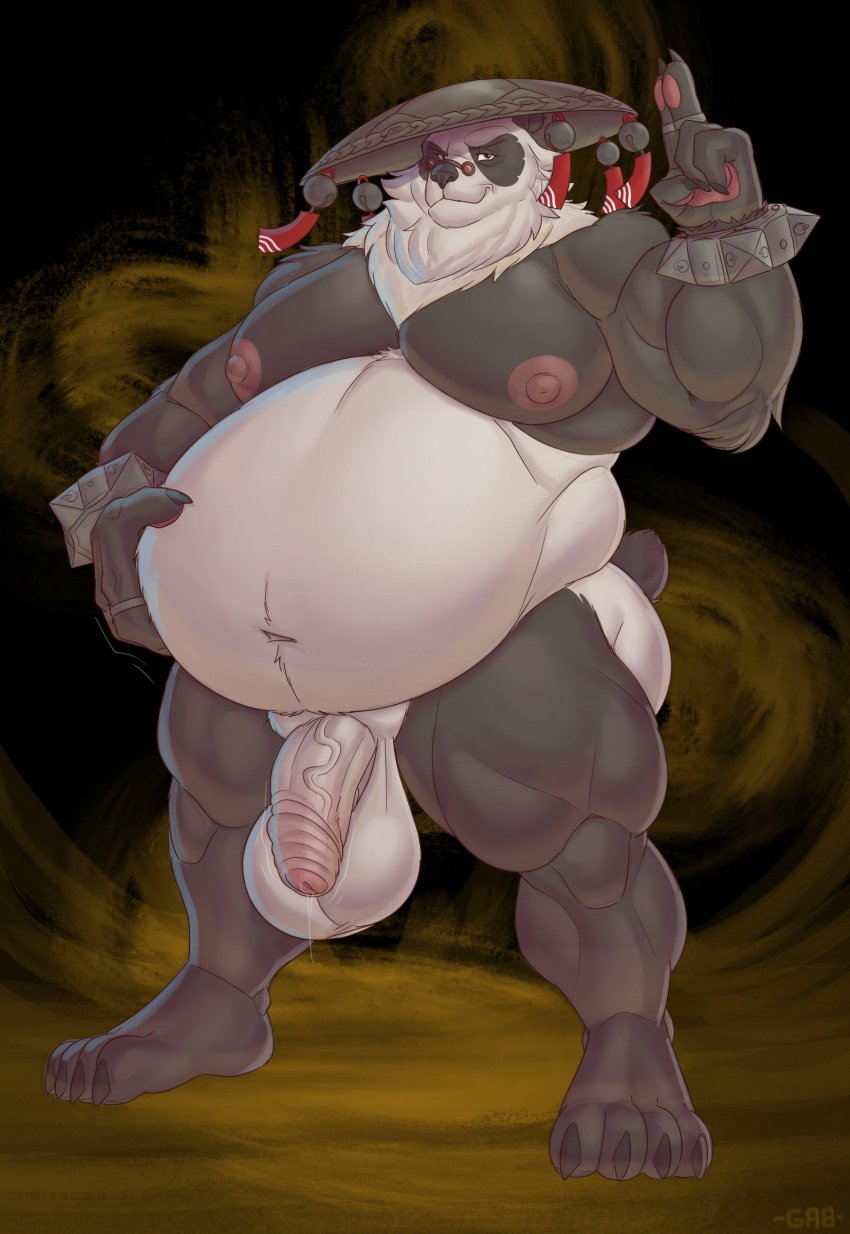 anthro asian_conical_hat balls bear belly bracelet clothing eyewear flaccid foreskin fur gabgbb genitals giant_panda glasses hat headgear headwear hi_res jewelry male mammal mihoyo moobs multicolored_body multicolored_fur nipples nude overweight overweight_male pan_yin_hu penis saggy_balls solo spiked_bracelet spikes vein veiny_penis zenless_zone_zero