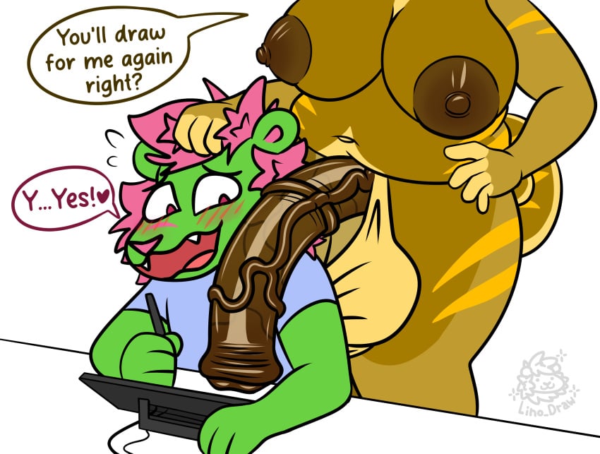 ambiguous_species animal_genitalia anthro balls big_balls big_breasts big_penis blush blush_lines breasts brown_body brown_nipples brown_penis clothed clothed/nude clothed_anthro clothed_male clothing darkened_genitalia darkened_penis denny_(dennyboylove) dialogue digital_media_(artwork) drawing drawing_tablet duo electronics english_text erection felid feline felis female fur furniture genitals green_body gynomorph gynomorph/male hair hi_res huge_balls huge_cock hyper hyper_balls hyper_genitalia hyper_penis intersex intersex/male lino_(lino_the_lion) lino_the_lion lion male mammal meme nipples nude nude_female open_mouth pantherine penis penis_on_face penis_on_shoulder pink_body pink_fur reptile scalie shirt shy simple_background sitting smile speech_bubble tablet tail teeth text thick_thighs topwear vein veiny_penis