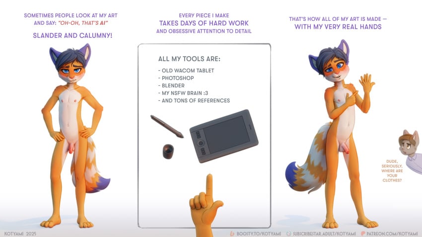 16:9 2025 5_fingers 6_fingers answer anthro arm_tuft artist artist_name average_penis background_character balls being_watched belly bent_arm big_tail blue_eyes blush border breaking_the_fourth_wall brown_eyes casual_nudity cheek_tuft closed_frown clothed clothed/nude clothing cocky_smile collared_shirt colored comic_panel countershade_torso countershading demonstration detailed digital_media_(artwork) dipstick_tail domestic_cat dress_shirt english_text exhibitionism eyebrows eyelashes facial_tuft felid feline felis fingers flaccid fluffy fluffy_tail foreskin front_view frown fur fur_tuft furrowed_brow genitals gesture hand_gesture hand_on_body hand_on_hip hand_on_leg hand_on_own_leg hand_on_own_thigh hand_on_own_torso hand_on_self hand_on_thigh hand_on_torso hi_res humanoid_genitalia humanoid_penis humor index_finger introduction kotyami kotyami_(kotyami) light lighting logo looking_at_another looking_at_viewer male male_anthro male_only mammal markings mouth_closed navel neck_tuft nipples nude nude_anthro nude_male nudist open_mouth open_smile overlay_layer partially_retracted_foreskin partitioning penis pointing pointing_at_self pointing_left pose presentation public purple_body purple_dress_shirt purple_ears purple_fur raised_eyebrow raised_finger raised_hand raised_inner_eyebrows reaction_image retracted_foreskin shaded shirt short_story shoulder_tuft simple_background small_nipples smile smiling_at_viewer smirk soft_shading solo solo_focus speech_bubble standing story striped_markings striped_tail stripes tablet tablet_pen tail tail_markings tail_tuft talking_to_another talking_to_viewer text thick_tail topwear tuft uncircumcised url wacom wacom_tablet wallpaper white_background white_balls white_body white_fur widescreen yellow_body yellow_fur