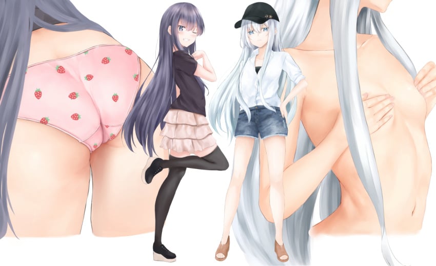 10s 2girls akatsuki_(kantai_collection) alternate_costume ass black_legwear blue_eyes breasts casual commentary_request erect_nipples food_print hat hibiki_(kantai_collection) irohakaede kantai_collection long_hair looking_at_viewer multiple_girls multiple_views navel one_eye_closed panties purple_eyes purple_hair shorts silver_hair skirt small_breasts smile strawberry_panties strawberry_print thighhighs underwear