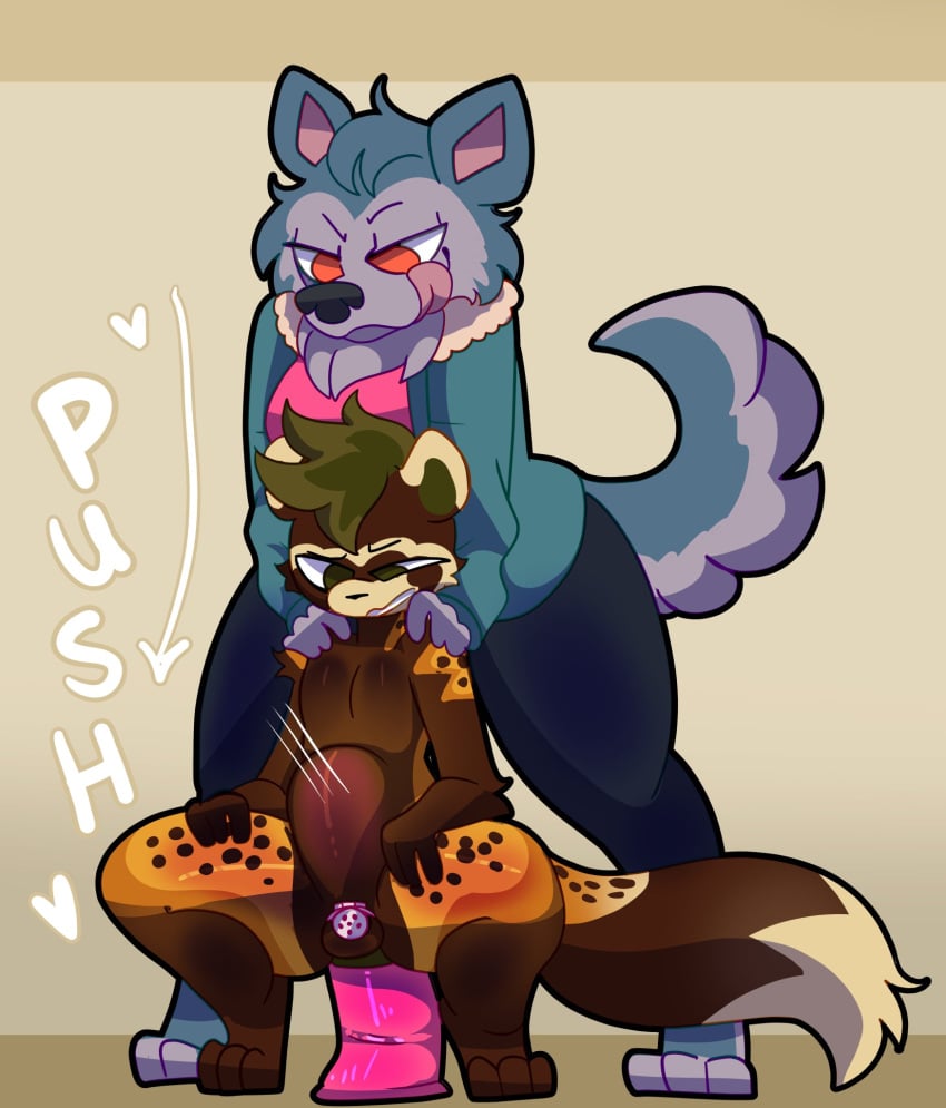 anthro assisted_sex bea_(woobest) big_dildo canid canine canis chastity_cage chastity_device coyote dildo dildo_sitting dominant dominant_gynomorph dominant_intersex duo flat_chastity_cage gynomorph gynomorph/male halfpricesouls hi_res ictonychine intersex intersex/male licking licking_lips male mammal marbled_polecat markus_(woobest) mustelid musteline penetration polecat_(mustelid) pushing_down sex_toy stomach_bulge submissive submissive_male tongue tongue_out