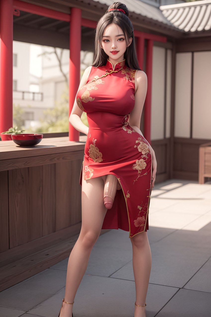 ai_generated balls big_breasts breasts chinese_clothes flaccid futanari intersex long_hair narrow_waist outdoors penis red_dress red_lipstick short_dress smile standing testicles