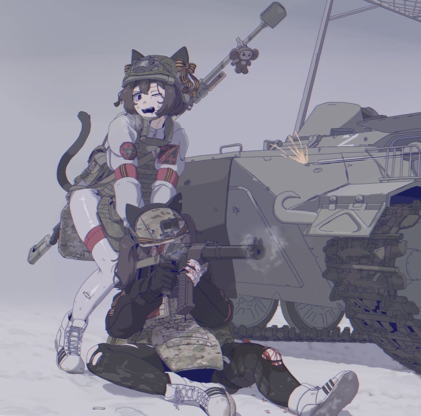ammunition_pouch animal_ears arm_strap armored_personnel_carrier armored_vehicle b1-517 blood brown_eyes brown_hair bulletproof_vest cat_ears cat_girl cat_tail firing gun helmet highres injury long_hair medium_hair military military_combat_uniform military_uniform motor_vehicle one_eye_closed open_mouth original pouch ribbon_of_saint_george rifle shoes skindentation sneakers sniper_rifle snow soldier tactical_clothes tail teeth thigh_strap torn_clothes upper_teeth_only vss_vintorez weapon winter