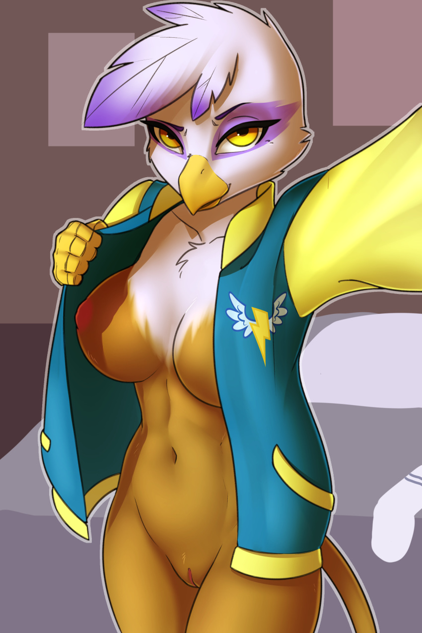 2017 absurd_res anthro anthrofied avian beak bottomless breasts captainpudgemuffin clothed clothing feathers female friendship_is_magic gilda_(mlp) gryphon hi_res looking_at_viewer my_little_pony navel open_jacket pudgeruffian pussy selfie solo