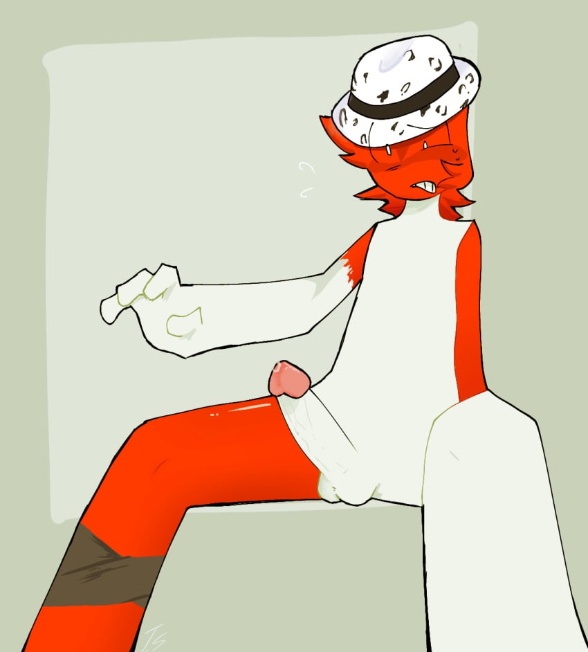 arm_behind_back bandage_on_leg blush_lines exposed_penis face_markings fedora hi_res multicolored_body nervous_smile precum roblox roblox_avatar shocked_eyes sitting staring_at_penis