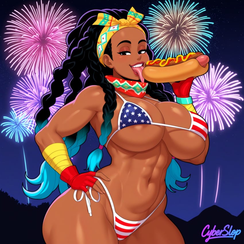 1girls abs ai_generated american_flag_bikini bikini_top black_hair blue_hair cyberslop dark_skin female fingerless_gloves fireworks food fourth_of_july hand_on_hip hotdog kimberly_jackson licking looking_at_viewer night night_sky seductive_look solo solo_female street_fighter street_fighter_6 tongue_out two_tone_hair