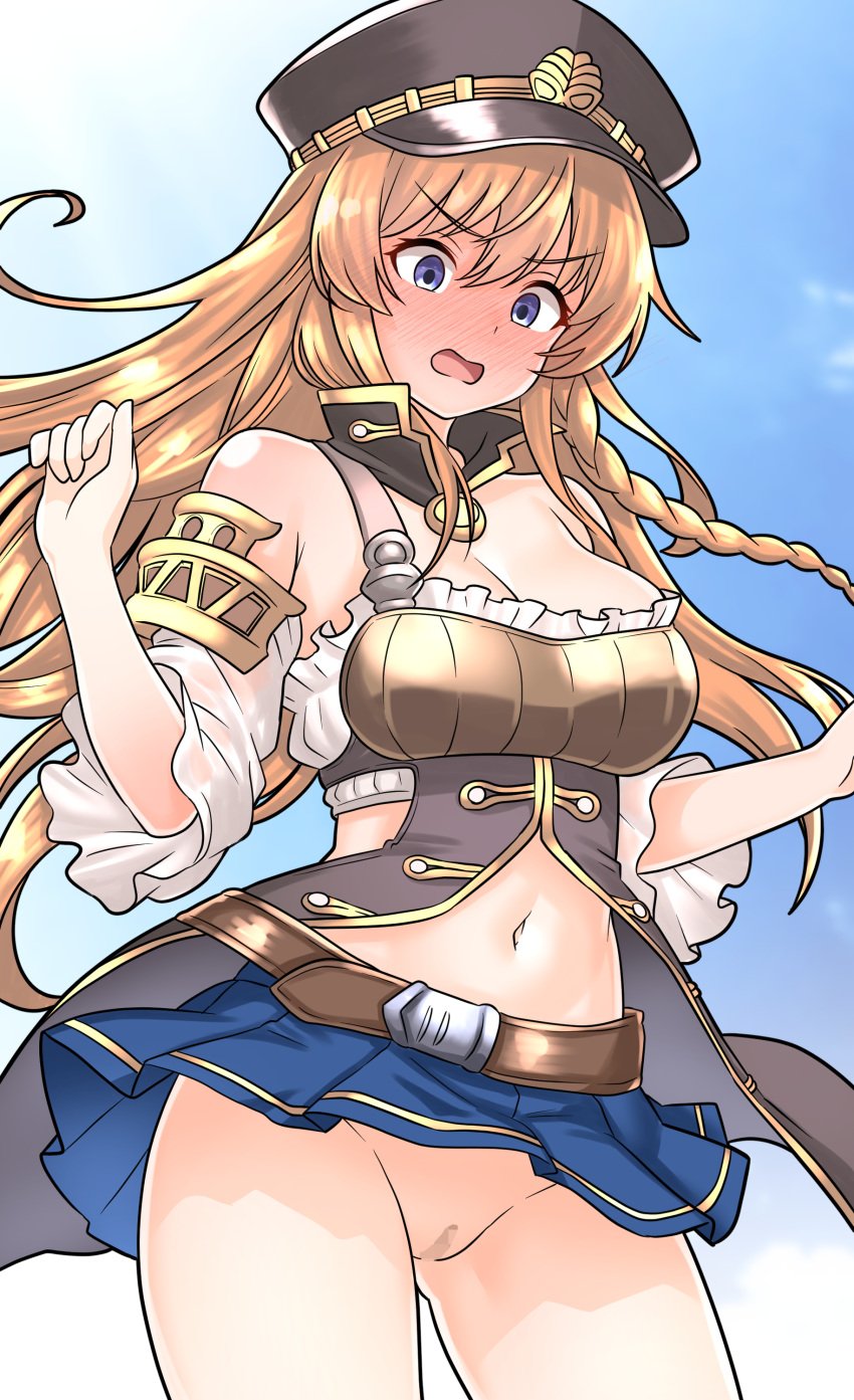 absurdres belt black_hat blue_eyes blue_skirt blush braid breasts brown_belt brown_hair censored cleavage commentary_request commission female full-face_blush furaggu_(frag_0416) granblue_fantasy hat highres large_breasts lecia_(granblue_fantasy) long_hair mosaic_censoring navel no_panties open_mouth peaked_cap pixiv_commission pussy skirt solo standing stomach thighs tongue variant_set wind wind_lift