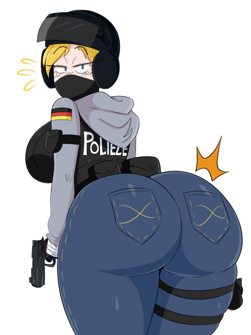 1girls ass blonde_hair blue_eyes bubble_ass clothed female female_only firearm gloves gun handgun helmet huge_ass iq_(rainbow_six) jacket jeans jinu rainbow_six rainbow_six_siege skin_tight tagme tight_jeans tight_pants tom_clancy ubisoft vest weapon