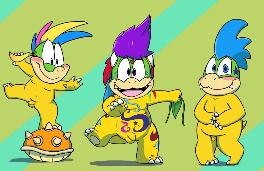 3boys blush clothing flaccid foreskin full_body group happy jurassiczalar koopa koopaling larry_koopa lemmy_koopa loincloth looking_at_viewer male male_only mario_(series) multiple_boys nintendo nude on_one_leg penis rodri_koopa scalie shell-less standing toony tribal uncut video_games