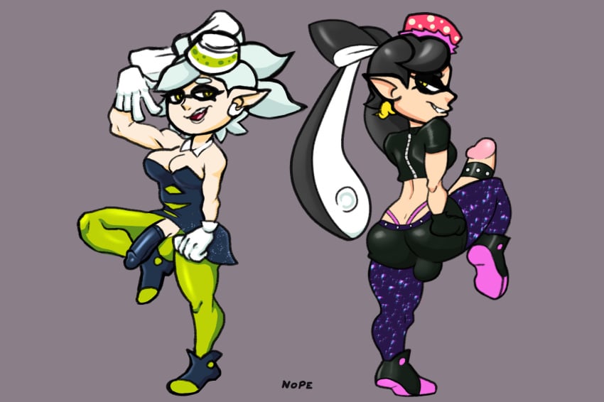 balls breasts callie_(splatoon) cleavage cock_ring cock_sleeve cock_sleeve_(clothes) dickgirl futanari glitter green_legwear intersex latex marie_(splatoon) nintendo nope_wpng penis pointy_ears pose rubber smug splatoon squid_sisters stockings tentacle twintails