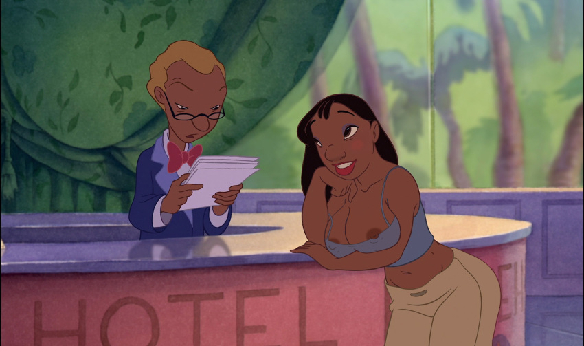 big_breasts black_hair blush breasts brown_eyes cleavage clothed dark-skinned_female dark-skinned_male dark_skin disney edit female glasses hips lilo_and_stitch lipstick long_hair male nani_pelekai nipples poivoit screenshot screenshot_edit smile teeth