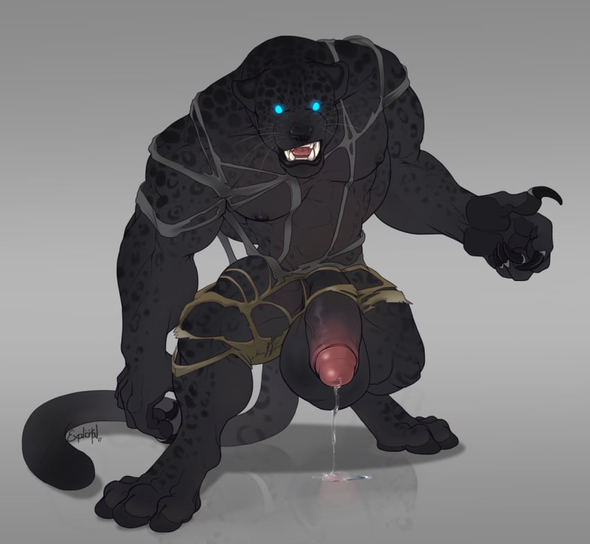 2017 abs anthro areola balls biceps black_balls black_claws black_fur black_nose black_panther black_penis black_tail blue_eyes claws clothing dripping erection explicital feline front_view fur gage_the_panther glowing glowing_eyes grey_background hi_res hindpaw humanoid_penis long_tail looking_at_viewer male male_only mammal muscular muscular_male nipples nude open_mouth panther paws pecs penis pink_tongue pose precum sharp_claws sharp_teeth simple_background solo spots standing teeth thick_thighs tongue torn_clothing vein veiny_penis whiskers