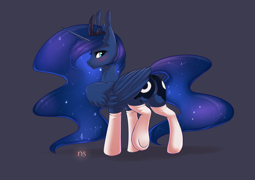 2017 alicorn ass blue_feathers blue_hair blush clitoral_winking clitoris clothing crown cutie_mark equine feathered_wings feathers female feral friendship_is_magic grey_background hair horn legwear looking_at_viewer looking_back mammal my_little_pony nightskrill princess_luna_(mlp) pussy simple_background socks solo wings