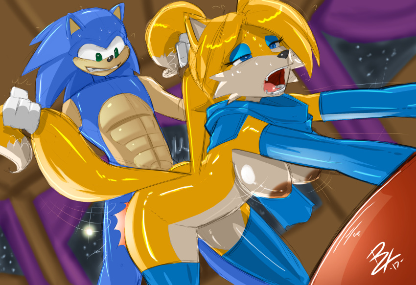 1boy 1girls anal anthro armwear breasts bridal_gauntlets canine cleavage clothed clothing collar copyright cum eyeshadow female fox fucked_silly gloves invalid_tag leash leggings legwear makeup mammal pussy rule_63 scarf sex shonuff shonuff44 simple_background solo_focus sonic_(series) spread_legs spreading tails tailsko thigh_highs voluptuous