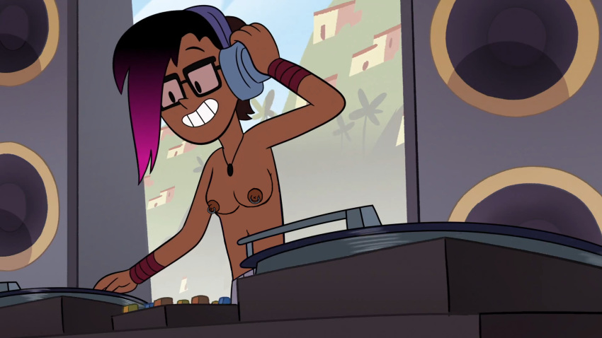 1girls accurate_art_style background_character breasts casual casual_nudity casual_topless dark-skinned_female dark_nipples dark_skin disney dj edit female female_only glasses headphones mostly_nude nipple_piercing nipple_ring nipple_rings nipples nonsexual_nudity nude nude_filter poivoit screenshot screenshot_edit short_hair smile solo star_vs_the_forces_of_evil