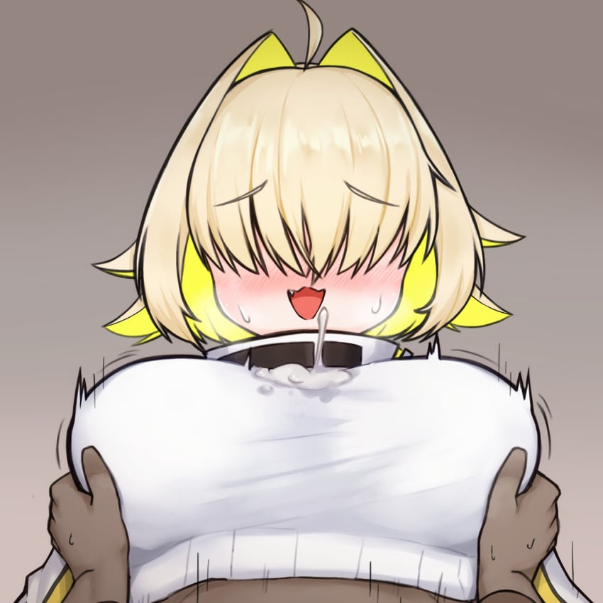 1boy :3 ahoge blonde_hair blush breast_grab breasts brown_background commentary_request cum cum_in_clothes cum_on_body cum_on_breasts cum_through_clothes cute_fang double_breast_grab ejaculation ejaculation_under_clothes elegg_(nikke) female goddess_of_victory:_nikke grabbing_another's_breast groping hair_over_eyes hch_cheol highres korean_commentary large_breasts multicolored_hair nose_blush oerba_yun_fang open_mouth paizuri paizuri_under_clothes pov pov_hands raised_eyebrows shirt short_hair smile solo_focus straight two-tone_hair upper_body white_shirt