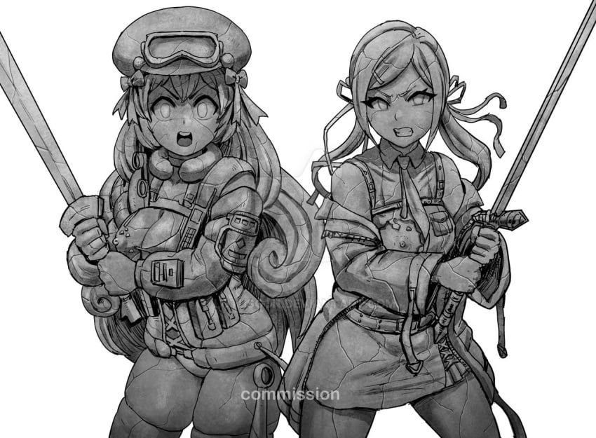 2girls armor belt blush breasts cleavage cowboy_shot female_focus fingerless_gloves gloves greyscale hat helmet jacket jacket_open large_breasts long_hair looking_at_viewer lotusgun monochrome navel necktie nipples open_mouth petrification pouch scar simple_background skirt statue stone_statue teeth torn_clothes weapon white_background wide-eyed