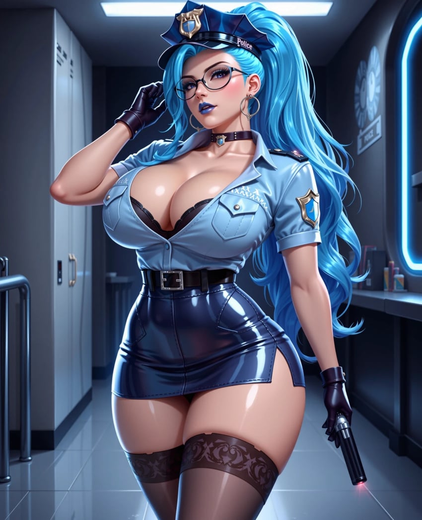 ai_generated alternate_costume big_breasts blue_eyes blue_hair bra_visible_through_clothes breasts choker cleavage collarbone detailed_background fake_breasts female female_focus female_only firm_breasts glasses gloves hat hourglass_figure huge_breasts k/da_all_out_seraphine k/da_all_out_series large_breasts latex_gloves league_of_legends lips lipstick long_hair looking_at_viewer makeup miniskirt police police_hat police_officer police_uniform ponytail riot_games round_breasts seducing seduction seductive seductive_body seductive_eyes seductive_gaze seductive_look seductive_mouth seductive_pose seductive_smile seraphine_(league_of_legends) shiny shiny_breasts shiny_clothes shiny_hair shiny_skin shiny_thighs skirt sky4maleja standing thick_thighs thighhighs tight_clothes tight_clothing