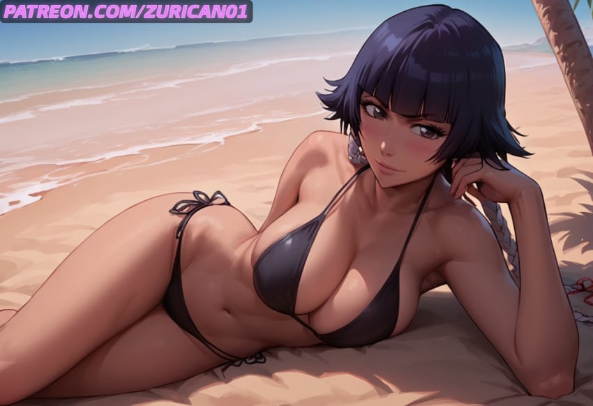 ai_generated big_breasts bikini bleach bleach:_the_thousand-year_blood_war exposed_breasts laying_on_side looking_at_viewer pink_nipples ryuuziken01 short_hair soifon