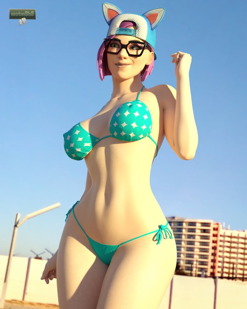 3d bikini breasts curvy eyewear fortnite fortnite:_battle_royale hat lynx_(fortnite) pink_hair solo solo_female tagme wotm8h8